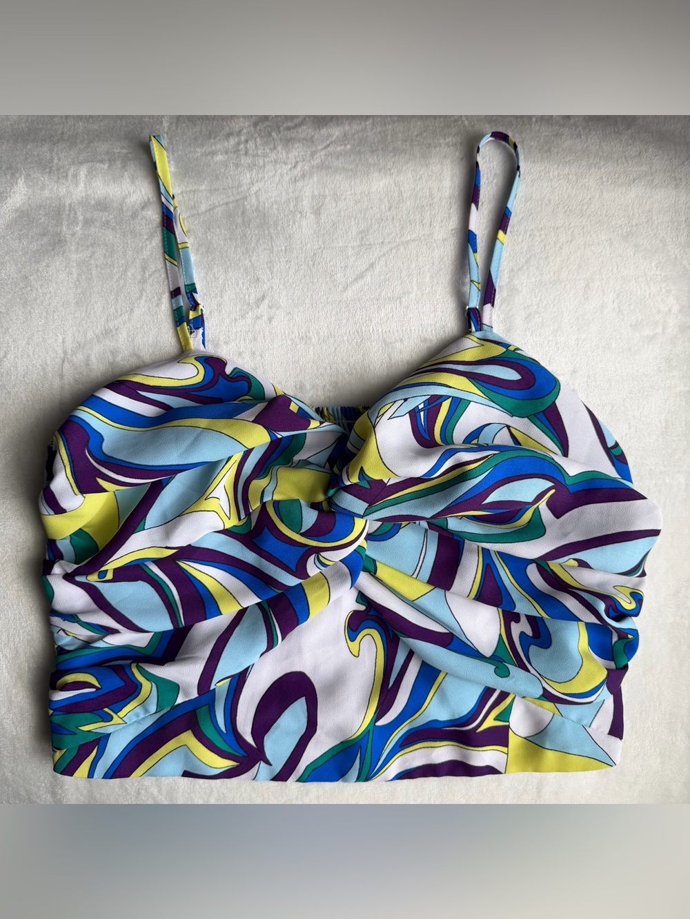 Express Abstract Print Twist-Front Camisole in Blue, Purple & Yellow
